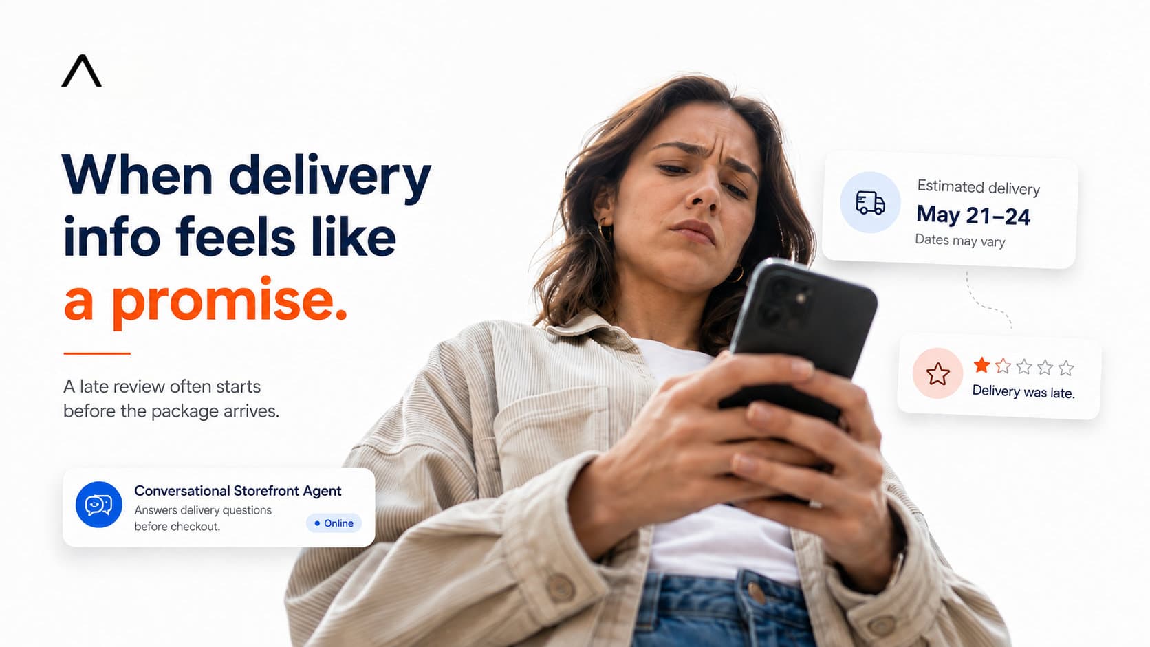 Shopper checks an estimated delivery date while a conversational storefront agent answers before checkout