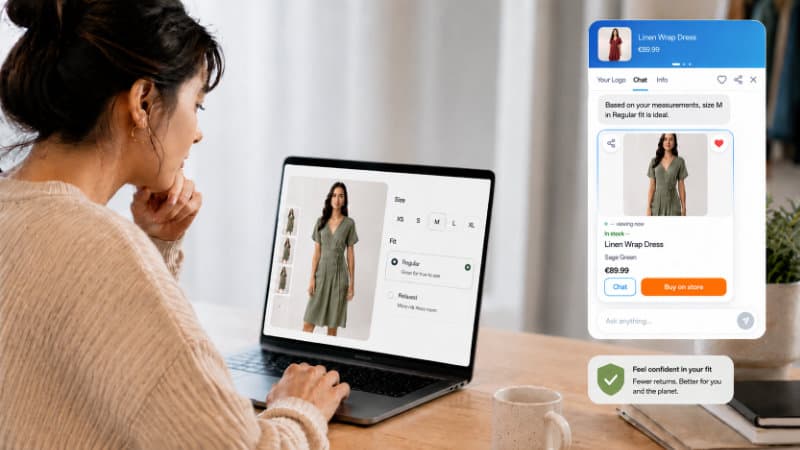 A shopper comparing a dress size and fit with an AI shopping assistant before checkout