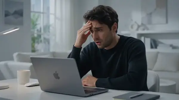 A store owner staring at his laptop, hand to his forehead, on the afternoon his platform went down