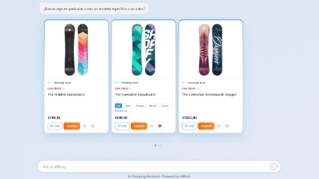買い物客の質問に対し、スノーボード3点の商品カードを表示するAIショッピングアシスタント
