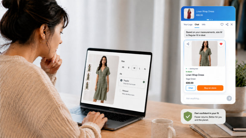 A shopper comparing garment sizing and fit information before choosing what to order online